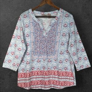 Fresh Womens Blue Red Floral Print 3/4 Sleeve V Neck Tunic Top Size L Boho